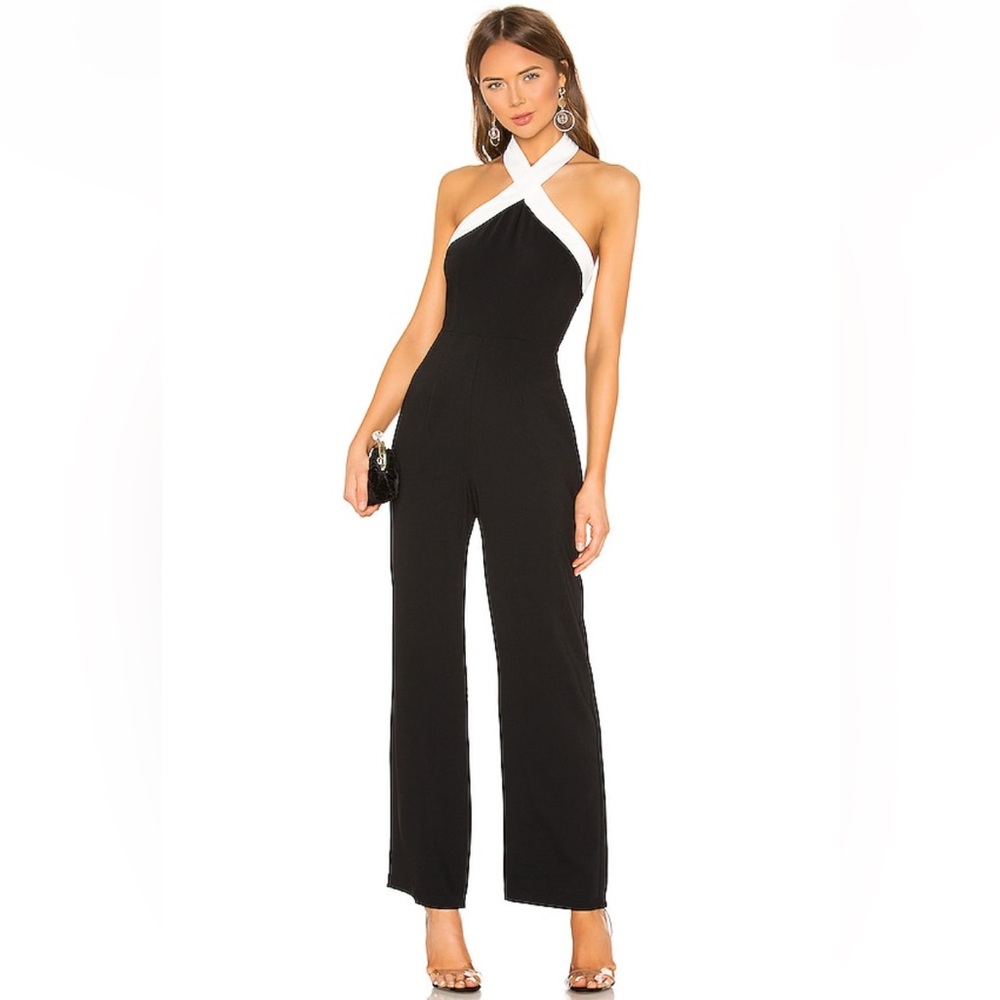 Superdown Black and White Cross-Neck Jumpsuit